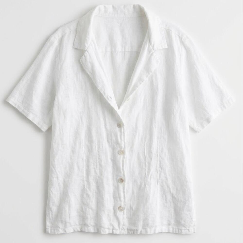 Linen white Shirt Short sleeve pleated button down resort costal capsule Heaven